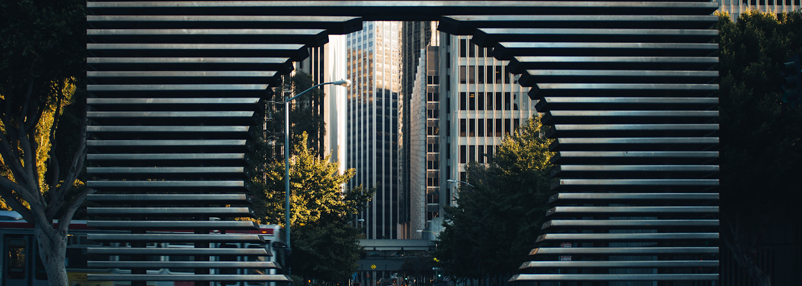 Image looking through a circle to a cityscape