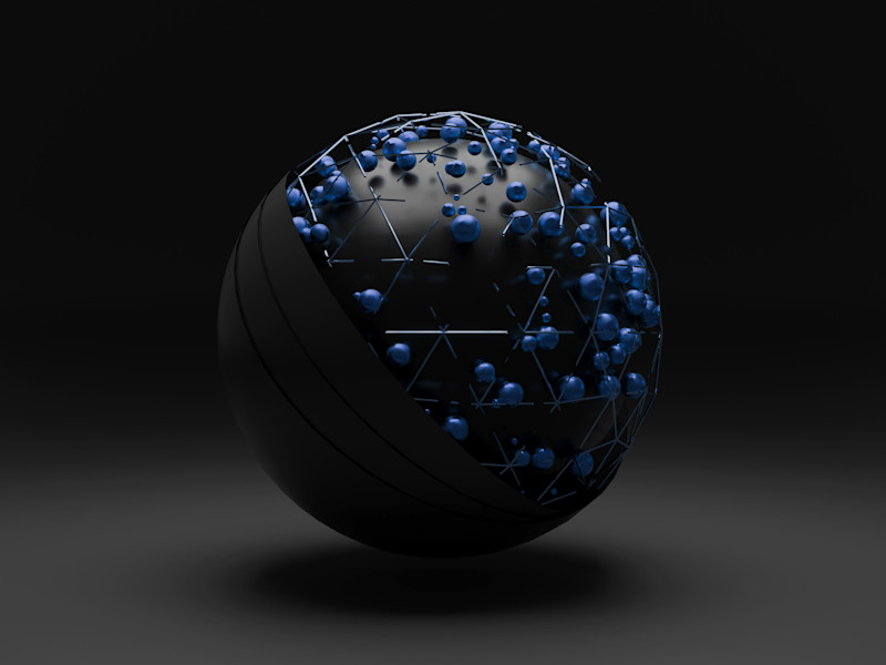 Image of a two sided sphere with blue pins in one side, resembling a globe