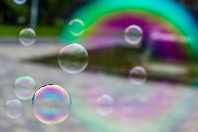 Close up of a series of bubbles floating in the air