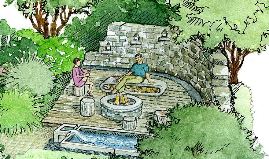 Lagerfeuerromantik Zeichnung Sitzmöbel und Lagerfeuer inkl. Brunnen