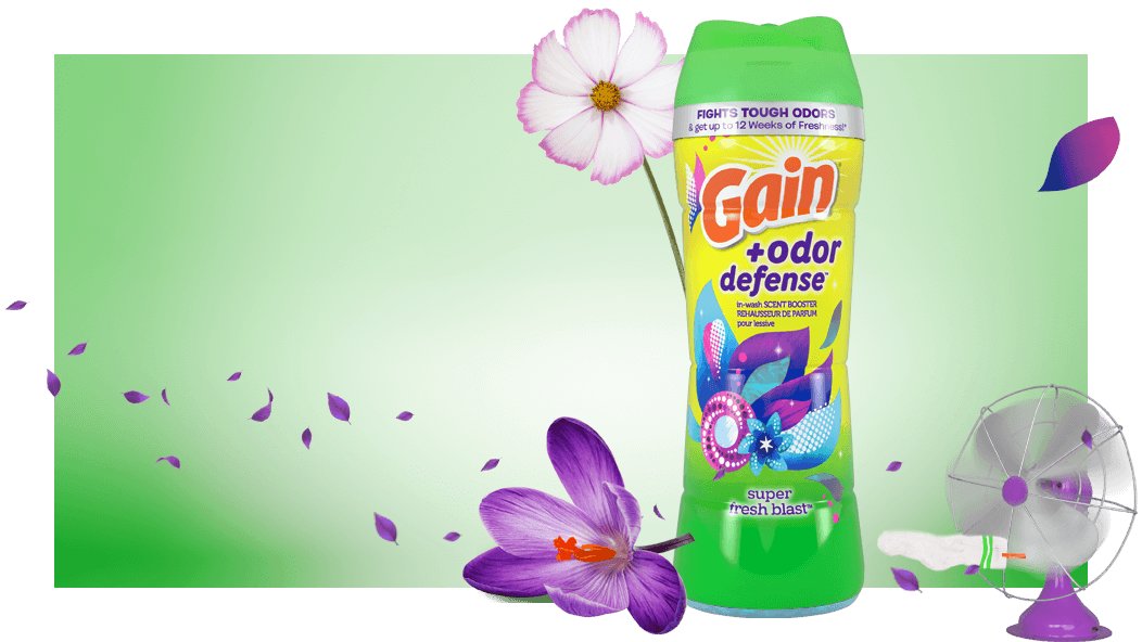 Experiencia olfativa del intensificadores de aroma Gain+Odor Defense Super Fresh Blast