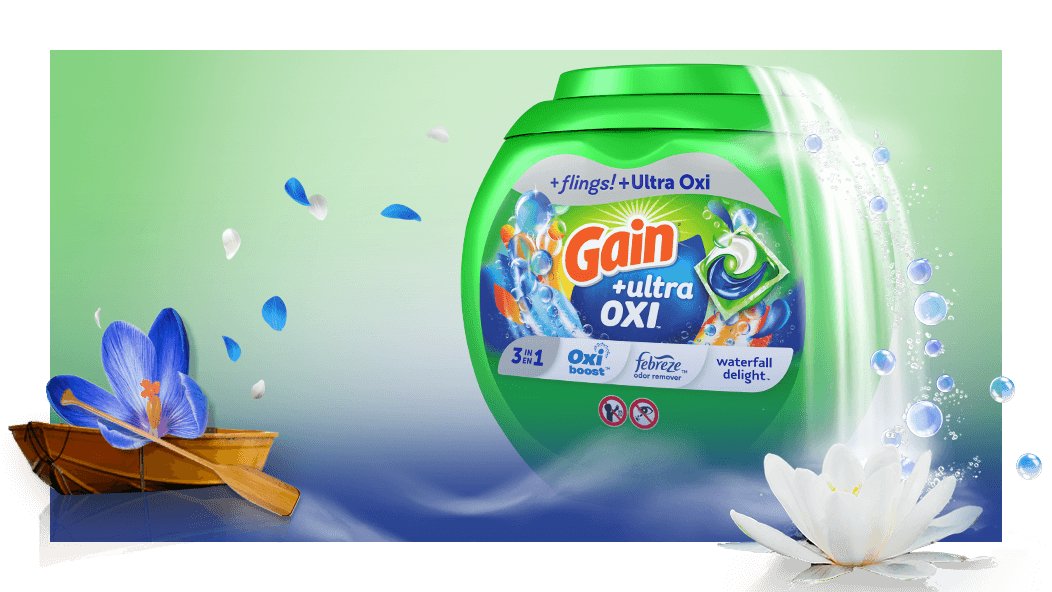 Experiencia olfativa del Detergente para Ropa Gain Ultra Oxi Waterfall Delight Flings