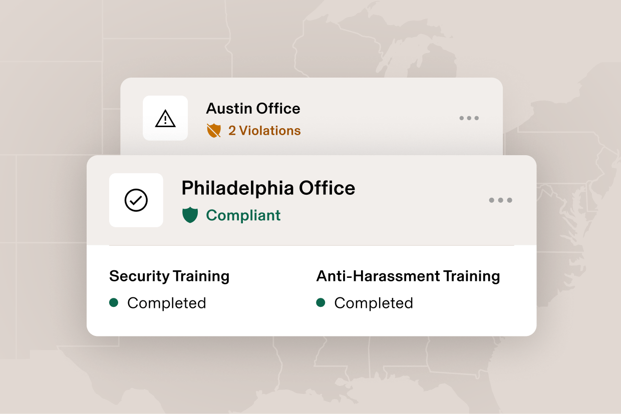 Graphic illustration of a card that says Austin, TX with 2 violations and a card that says Philadelphia, PA and Compliant