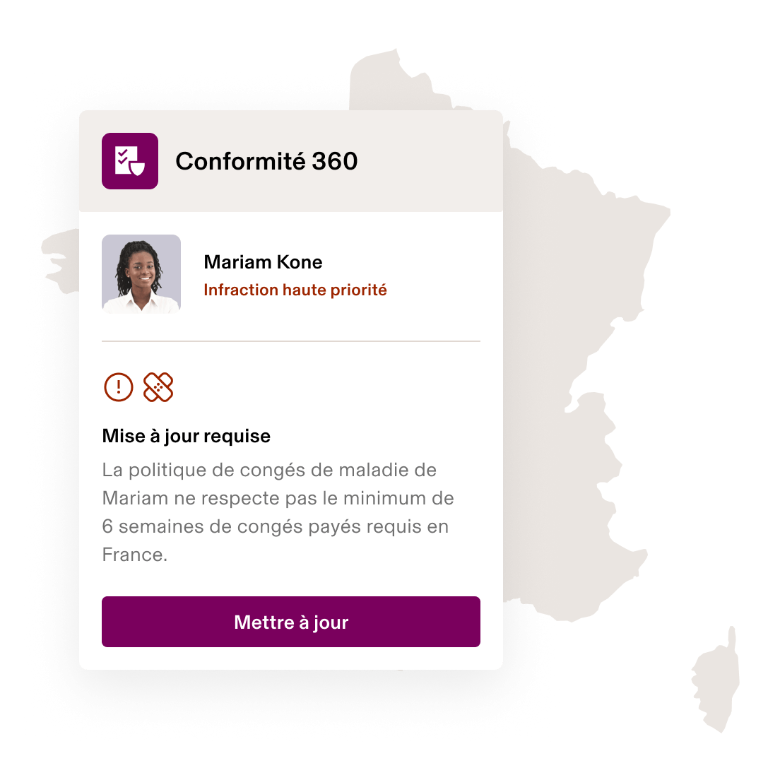 Screenshot of a sick leave policy alert in Rippling's Compliance 360 product