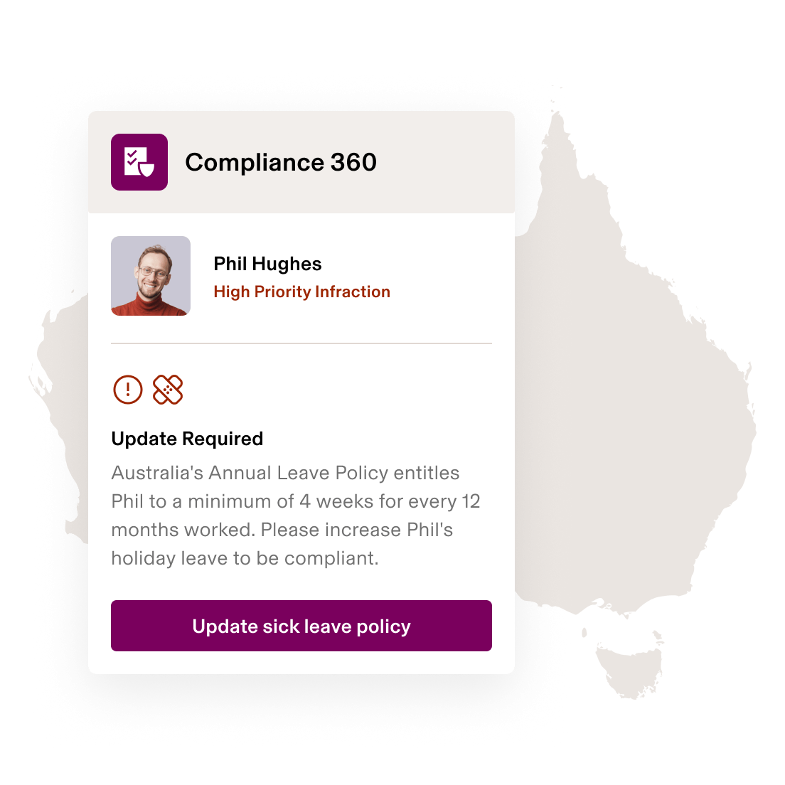 Screenshot of a sick leave policy alert in Rippling's Compliance 360 product