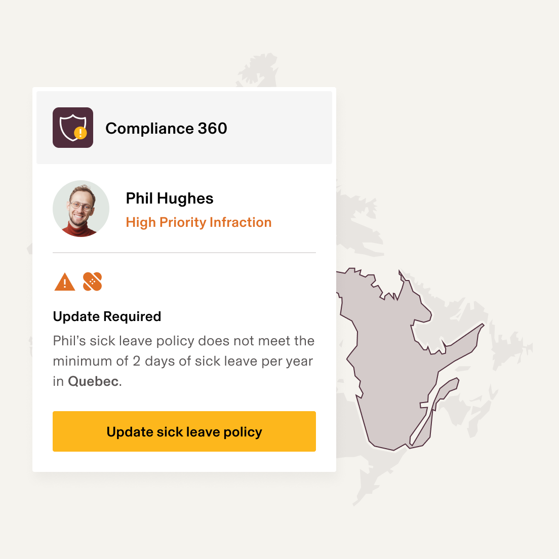 Screenshot of a sick leave policy alert in Rippling's Compliance 360 product