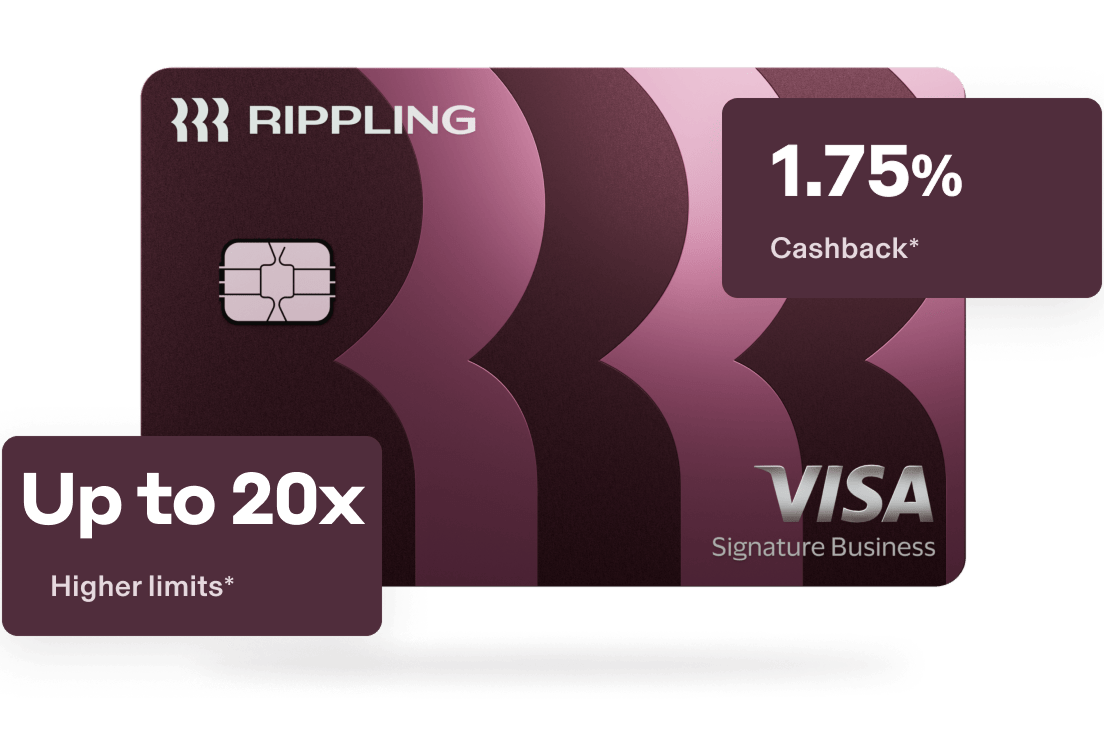 An illustration of a Rippling corporate card with text that says 1.75 percent cashback and up to 20x higher limits