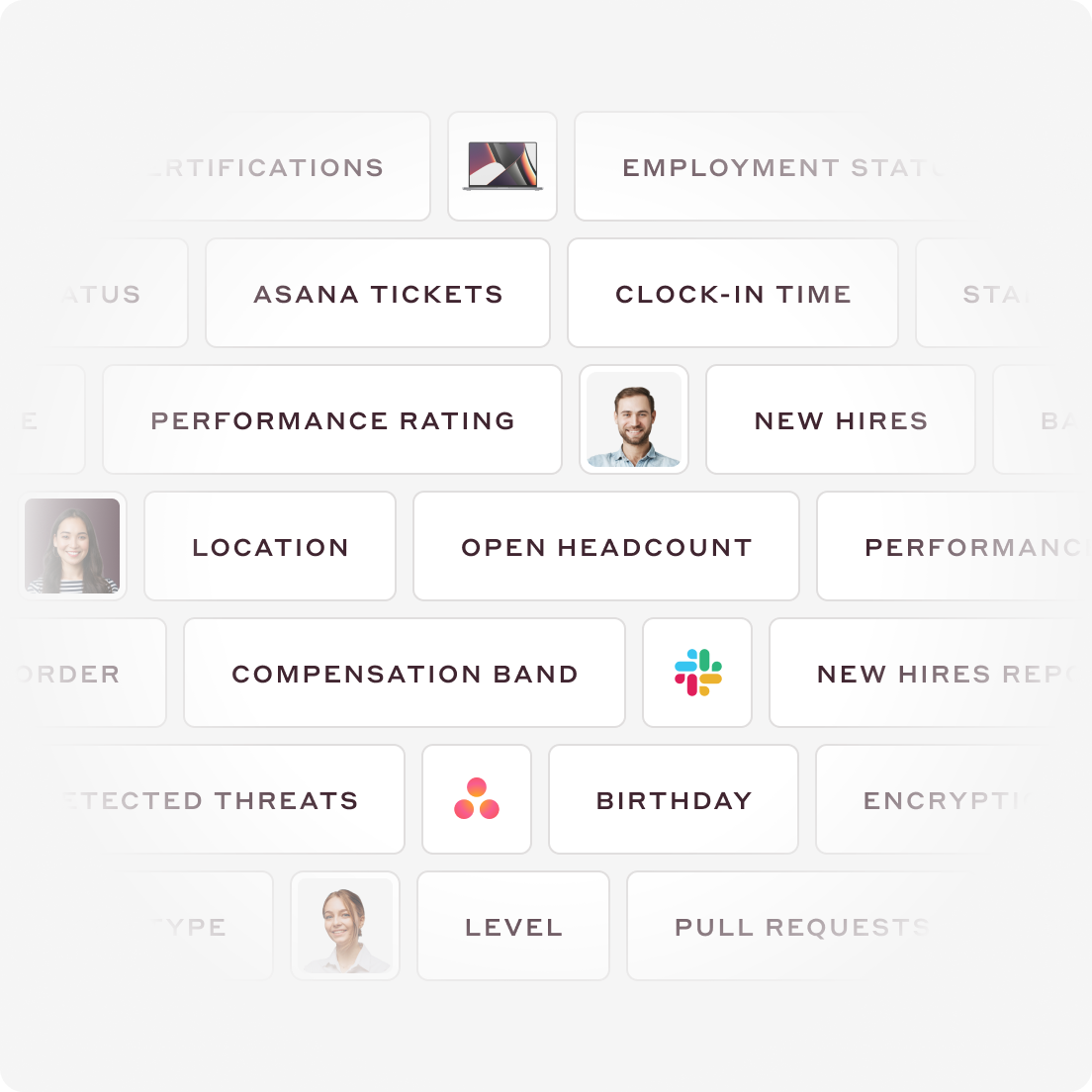 An image with a collage of HR-related terms including New Hires, Location, Open Headcount, and Compensation Band