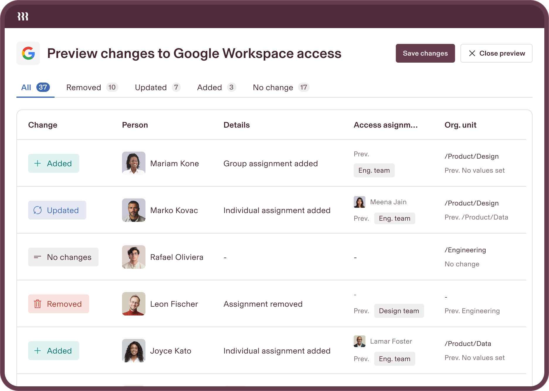 Sample of Rippling's preview changes to Google Workspace access.