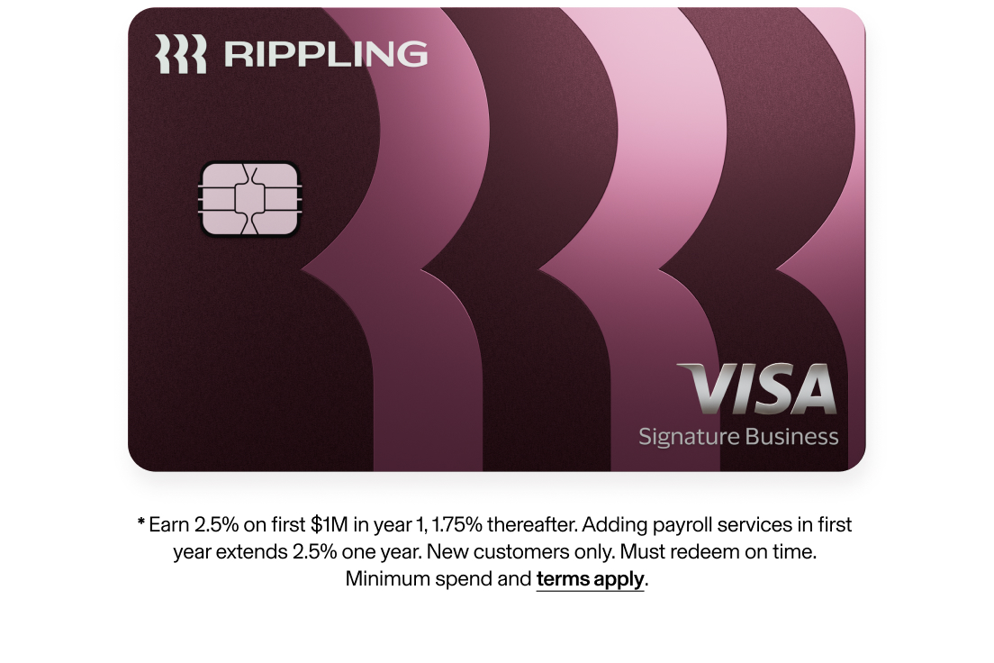 Image that shows Rippling VISA Signature Business Corporate Card with 2.5% cashback fine print.