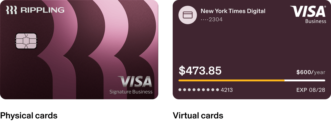 Two business credit cards shown side by side - a purple Rippling physical card and a digital New York Times Visa card displaying $473.85.