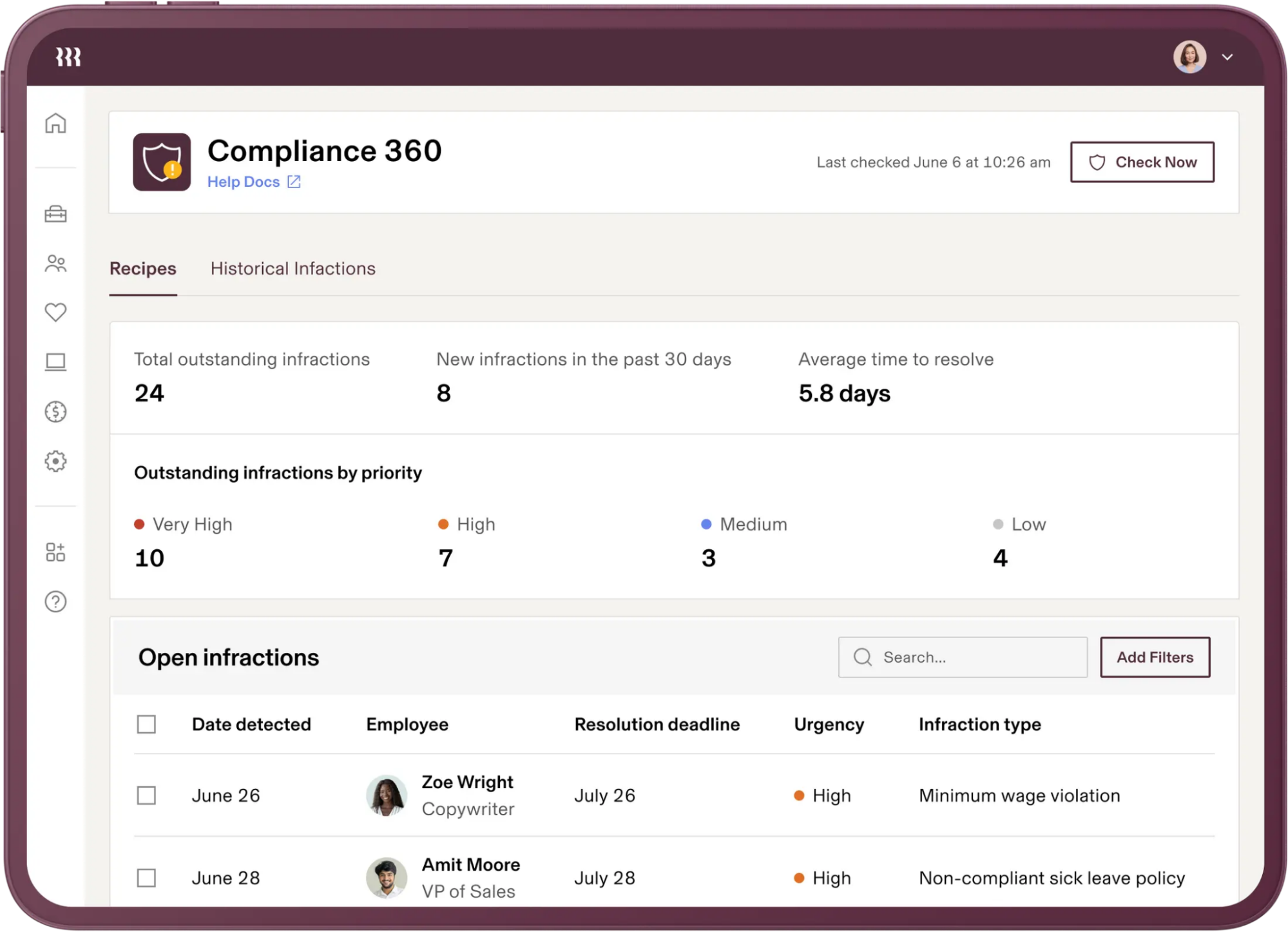 Example of Rippling's Compliance 360 dashboard.