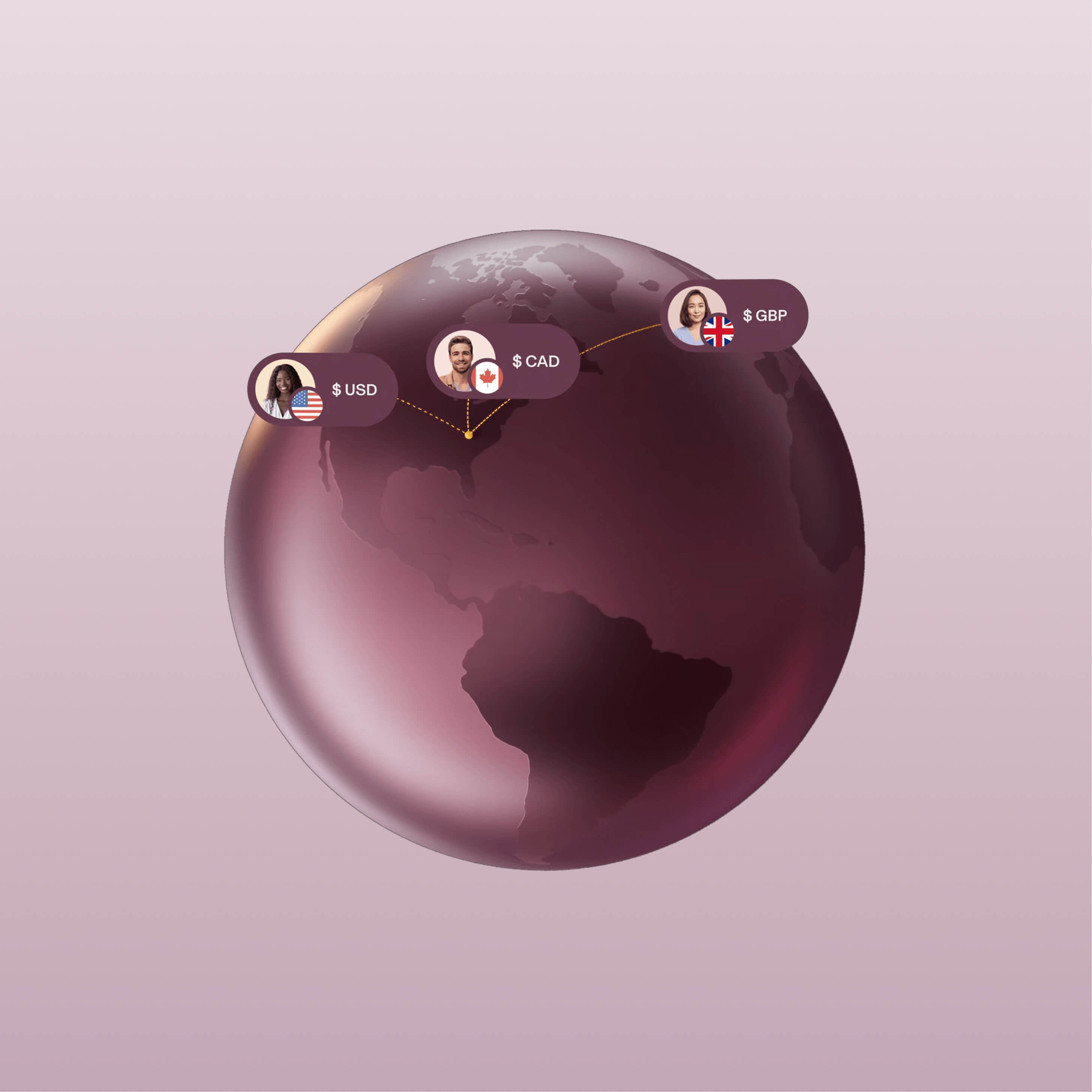 Graphic illustration of a globe with photographs of three international employees