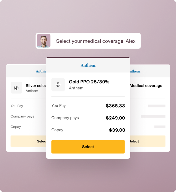 Medical insurance selection interface showing Anthem options with Gold PPO plan details and monthly payment breakdown.