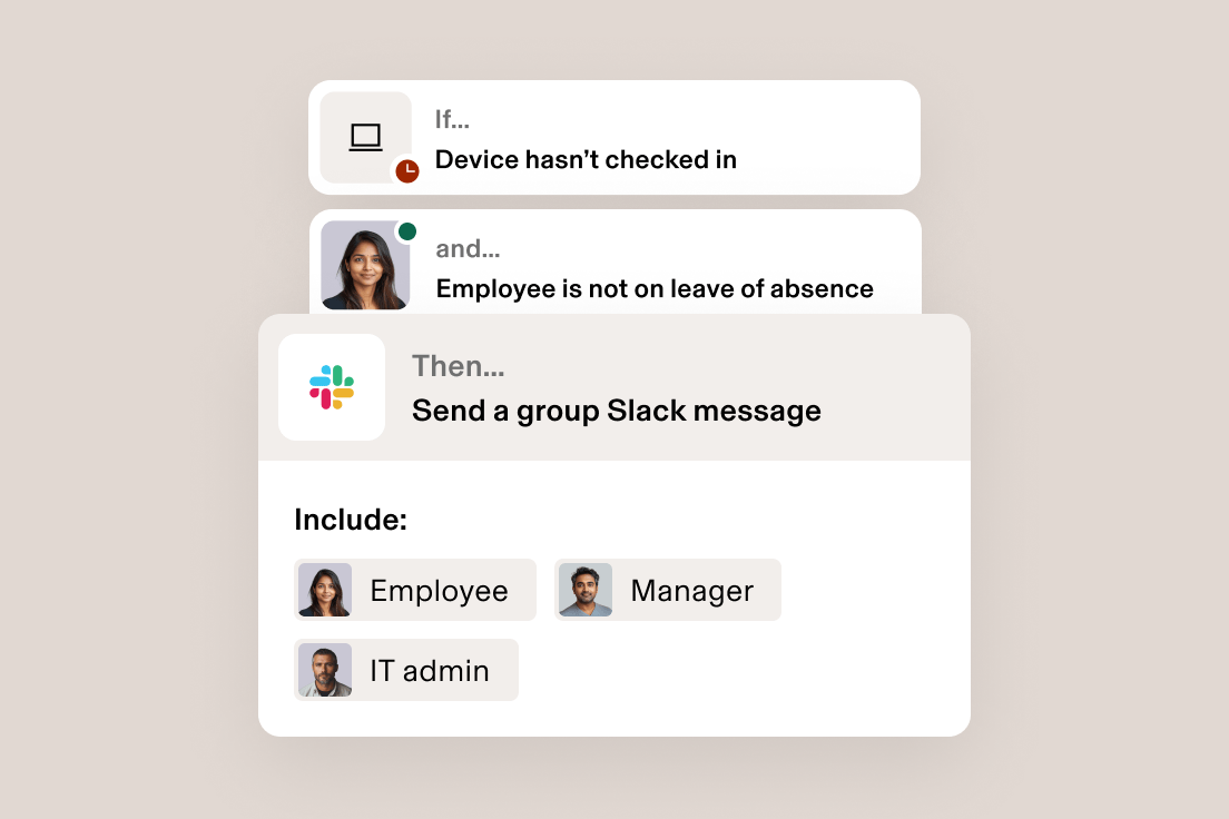 Workflow automation interface showing a conditional rule to send Slack messages when devices aren't checked in and employees aren't on leave.