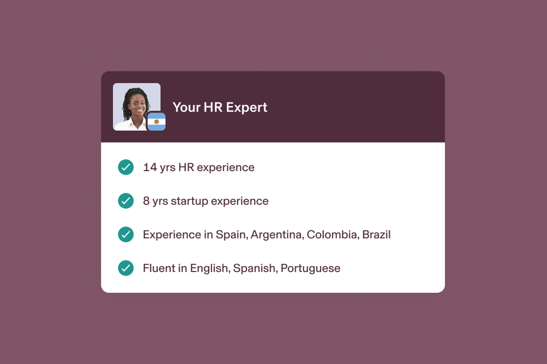 Carte de profil Expert RH affichant une expérience de 14 ans dans les RH, de 8 ans dans une startup, une expertise internationale et des compétences trilingues.