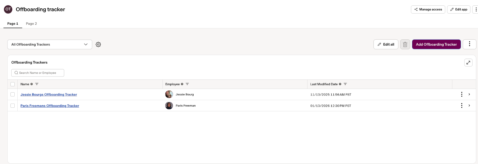Offboarding tracker interface showing a list of two employees with their names and last modified dates in a table format.
