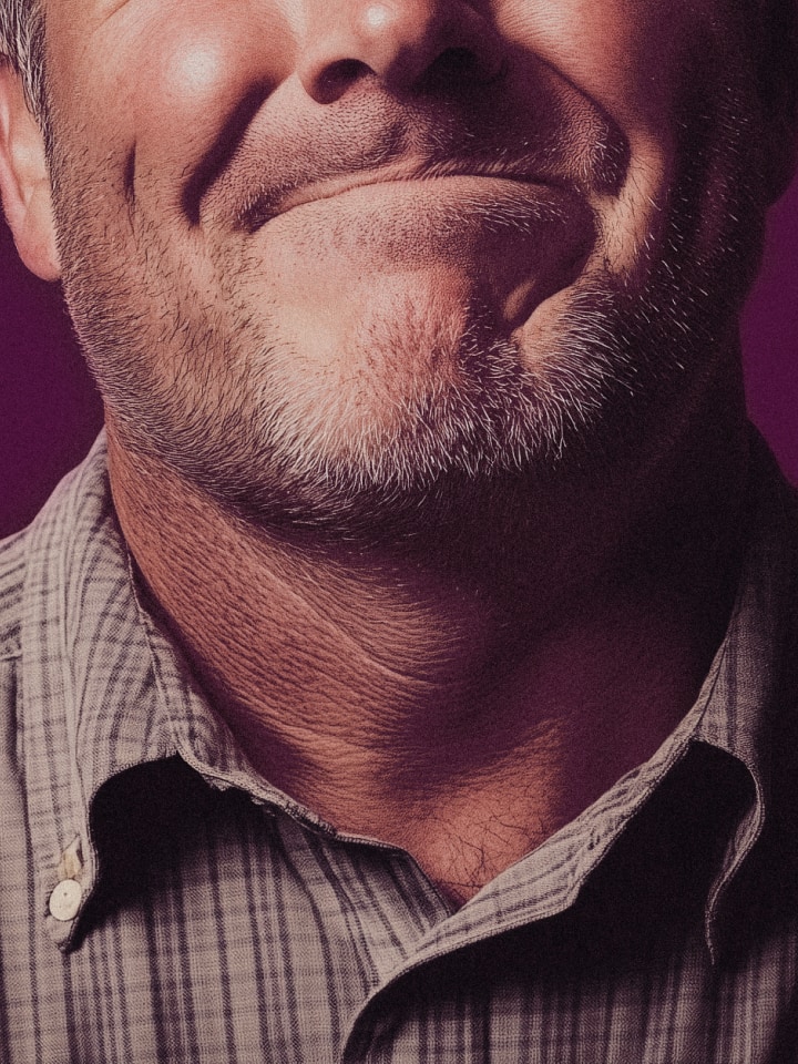 Photorealistic illustration of a smiling person with the I'm Telling HR logo overlaid