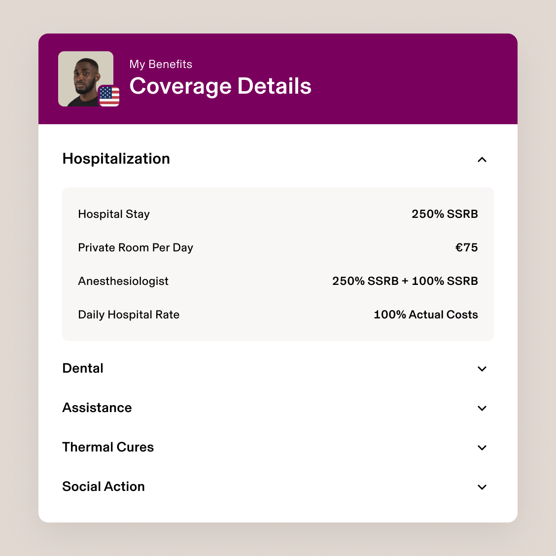 Écran de Rippling intitulé Mes avantages : détails de la couverture répertoriant les taux du collaborateur en matière d’hospitalisation, de soins dentaires, d’assistance, de cures thermales et d’action sociale
