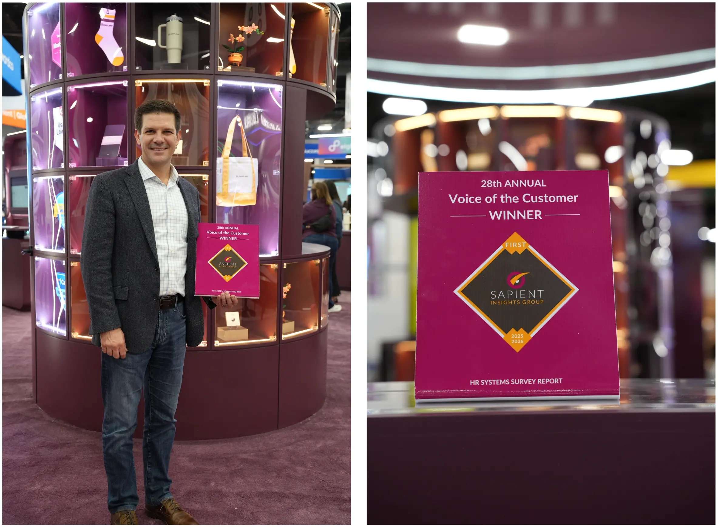 A photograph of Ryan Kaiser, SVP of Sales at Rippling, accepting the Sapient Voice of the Customer First Place award at HR Tech 2025 in Las Vegas