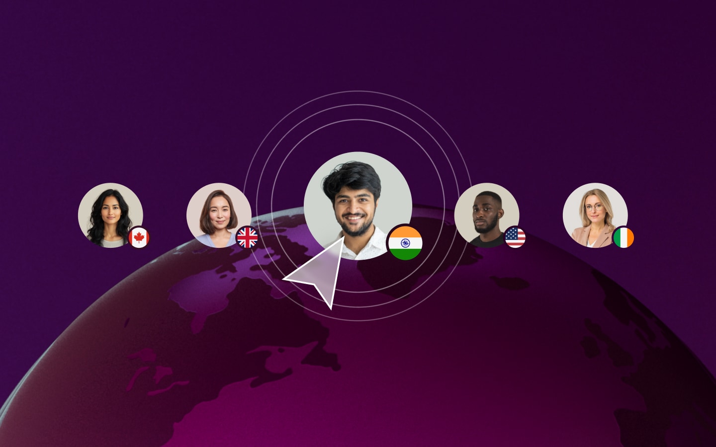 Graphic illustration of five global employees overlapping a large globe