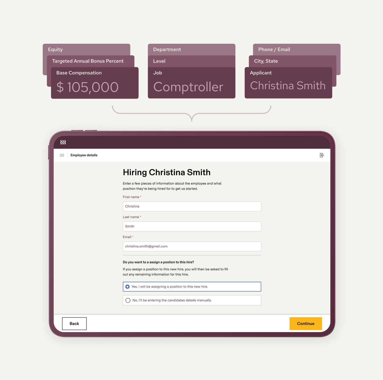 Tablet displaying a screen in Rippling titled "Hiring Christina Smith" with information about the compensation, role, and hire above the tablet