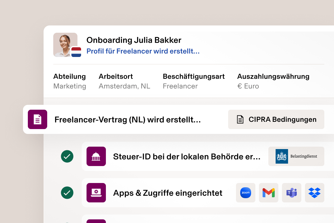 Screenshot eines Onboarding-Bildschirms in Rippling, der zeigt, wie ein Auftragnehmerprofil erstellt wird