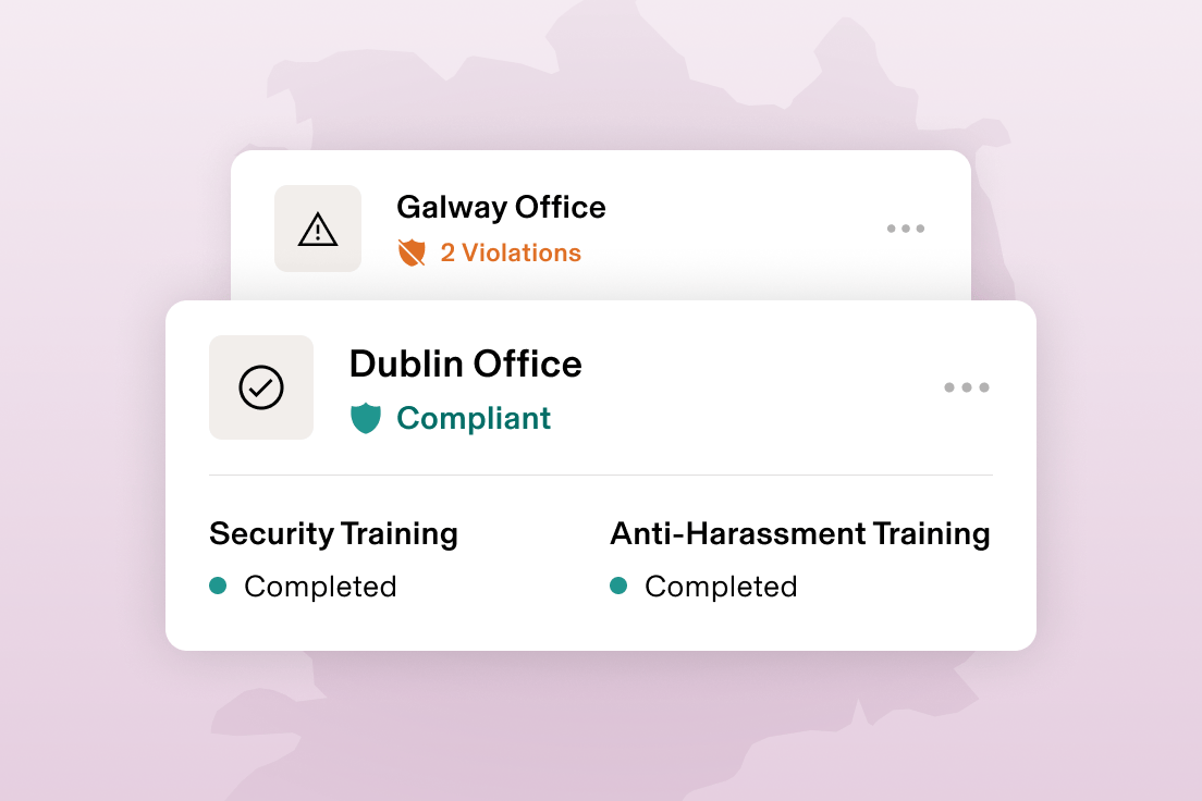 Graphic illustration of a card that says Orlando, FL with "2 violations" and a card that says Los Angeles, CA and "Compliant", for training completed—all overlaid on a map of the united states