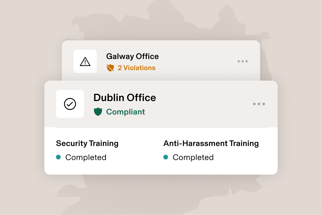 Graphic illustration of a card that says Orlando, FL with "2 violations" and a card that says Los Angeles, CA and "Compliant", for training completed—all overlaid on a map of the united states