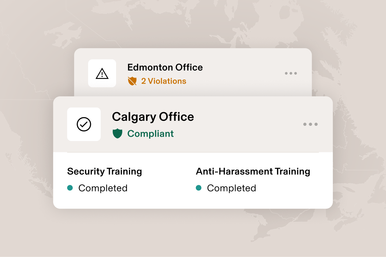 Graphic illustration of a card that says Orlando, FL with "2 violations" and a card that says Los Angeles, CA and "Compliant", for training completed—all overlaid on a map of the united states