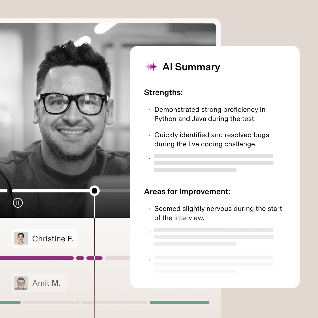 Video interview interface showing a candidate with AI summary highlighting Python and Java skills alongside improvement areas.