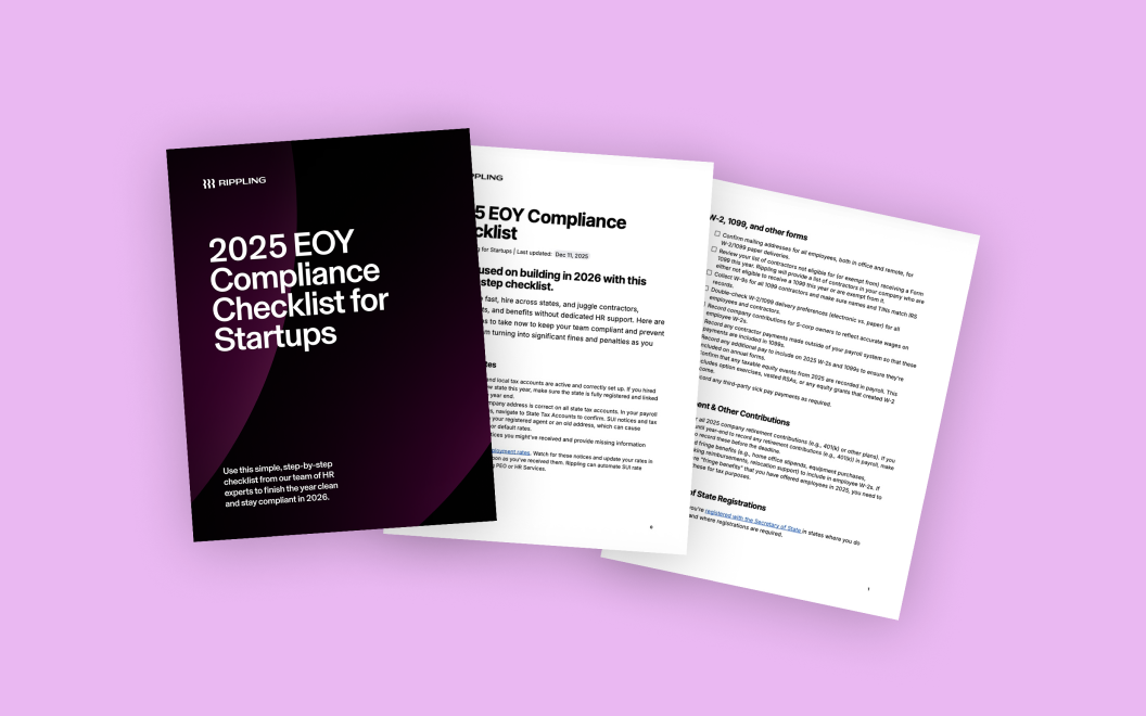 3D book covery in dark berry with Rippling’s logo. Text says: EOY Compliance Checklist for Startups.