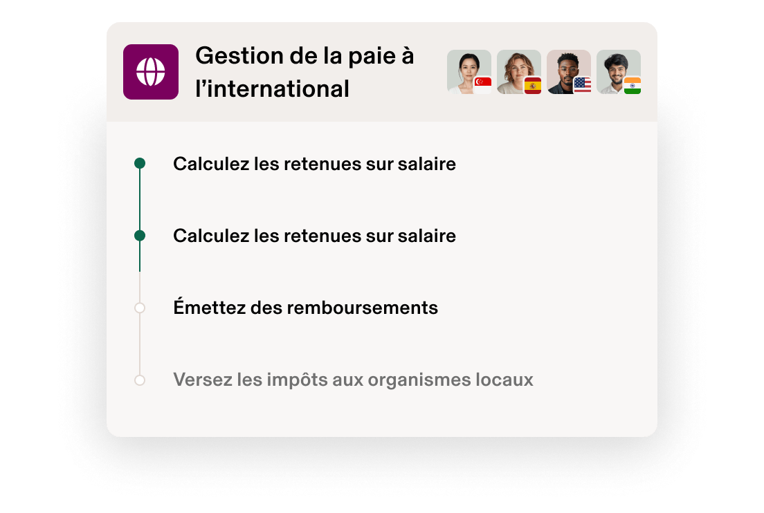 Interface de Gestion de la paie à l’international sur laquelle sont représentés quatre collaborateurs différents avec le drapeau de leurs pays et le menu des options du traitement de la paie.