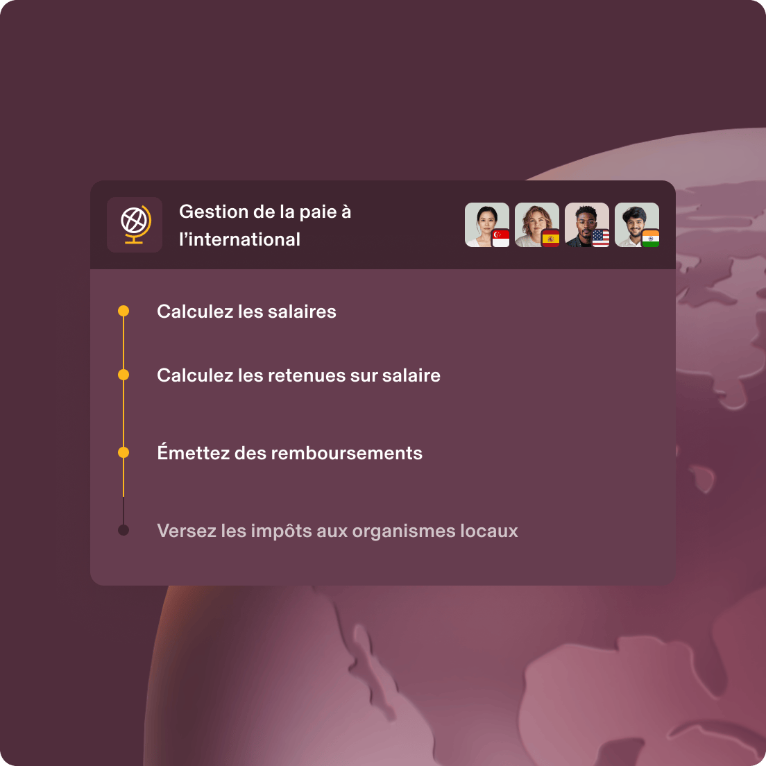Interface de Gestion de la paie à l’international sur laquelle sont représentés quatre collaborateurs différents avec le drapeau de leurs pays et le menu des options du traitement de la paie.