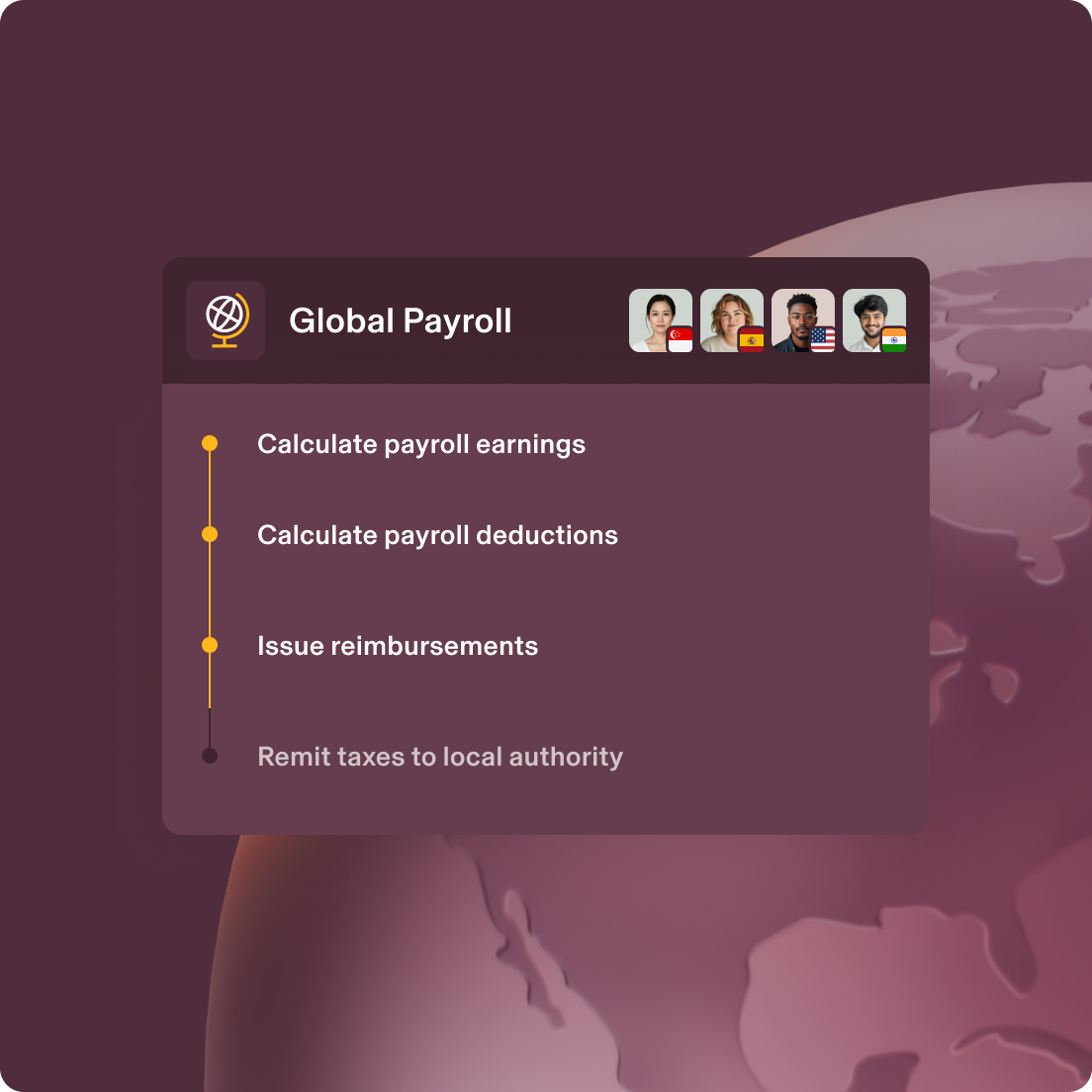 Global payroll interface showing four diverse employees with country flags and a menu of payroll processing options.