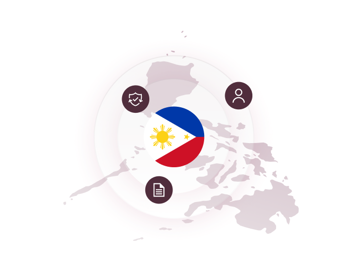 Graphic illustration of a map of the Philippines with the Philippines flag in a circle