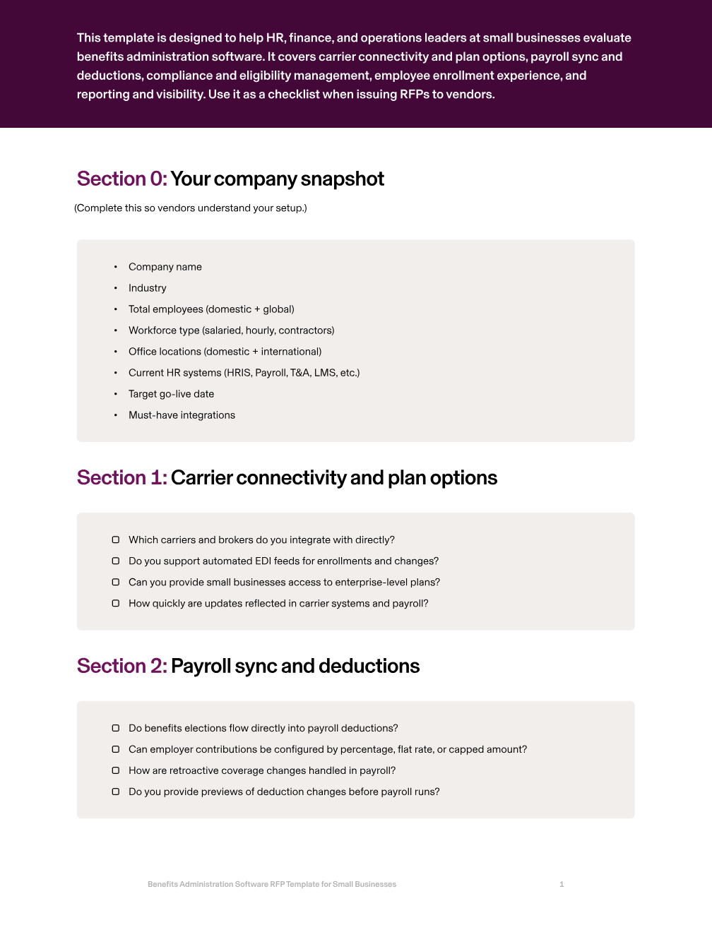 Benefits Administration Management RFP Template for Small Businesses