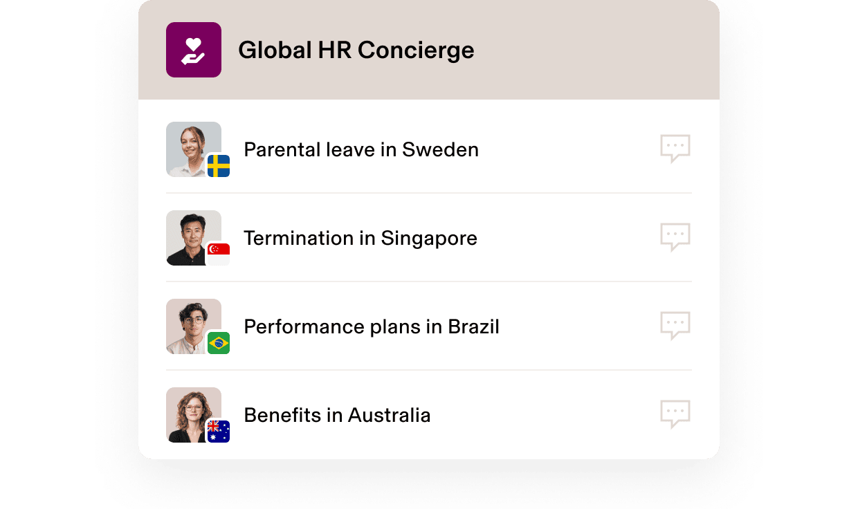Interface Service de conciergerie RH international affichant des sujets RH spécifiques au pays avec des drapeaux de la Suède, de Singapour, du Brésil et de l’Australie.