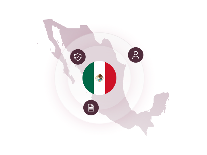 Outline of Mexico with a circle containing the Mexican flag and three Rippling icons
