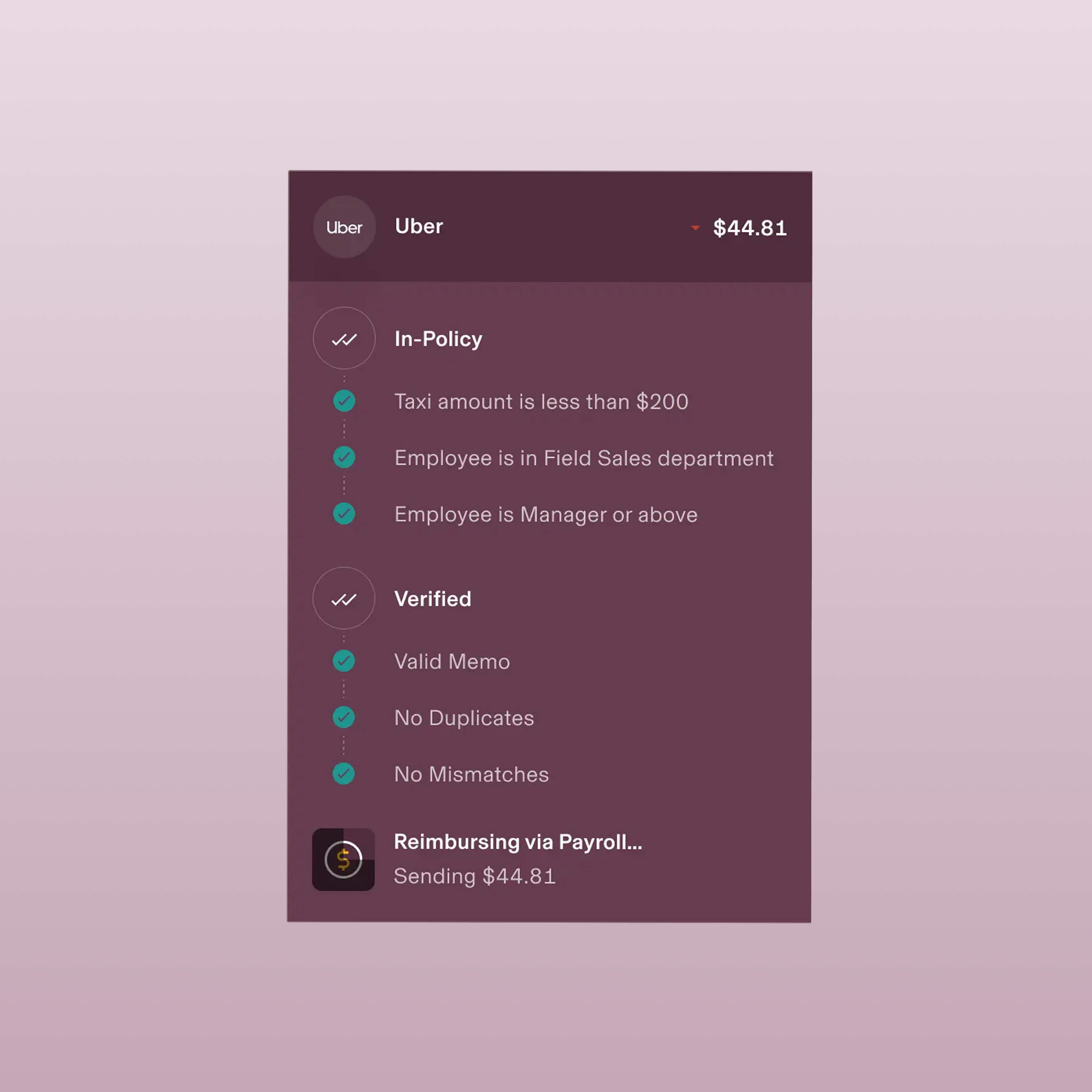 Example of a screen in Rippling showing an expense for Uber with labels that say In-Policy and Verified and a status at the bottom that says Reimbursing via Payroll