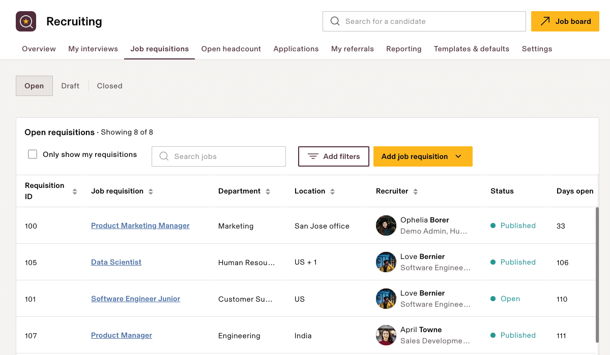 A sample preview of the Rippling Recruiting platform featuring the job requisitions tab.