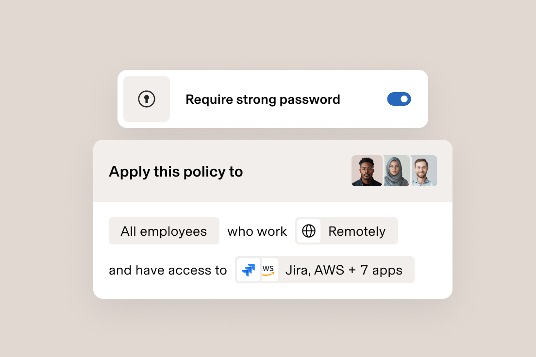 Security settings interface showing strong password requirement for remote employees with access to Jira, AWS and other apps.