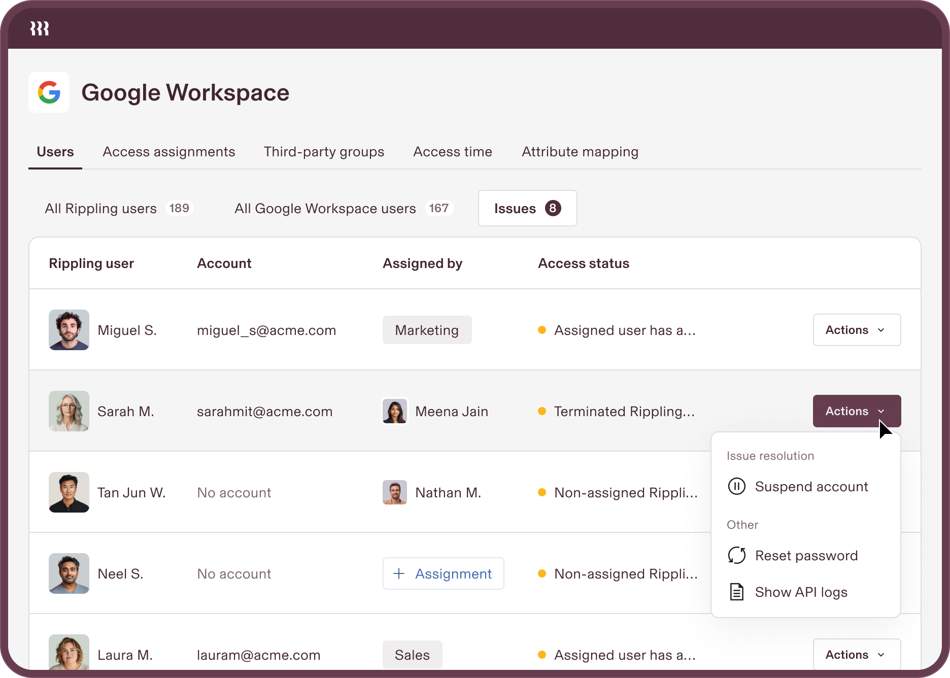 Preview of Rippling's Google Workspace hub.