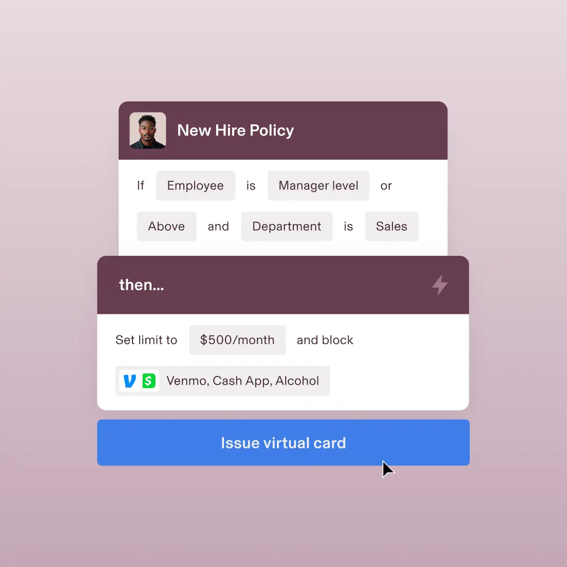 Screenshot of a section in Rippling titled New Hire Policy with automatic rules and limits for issuing virtual cards