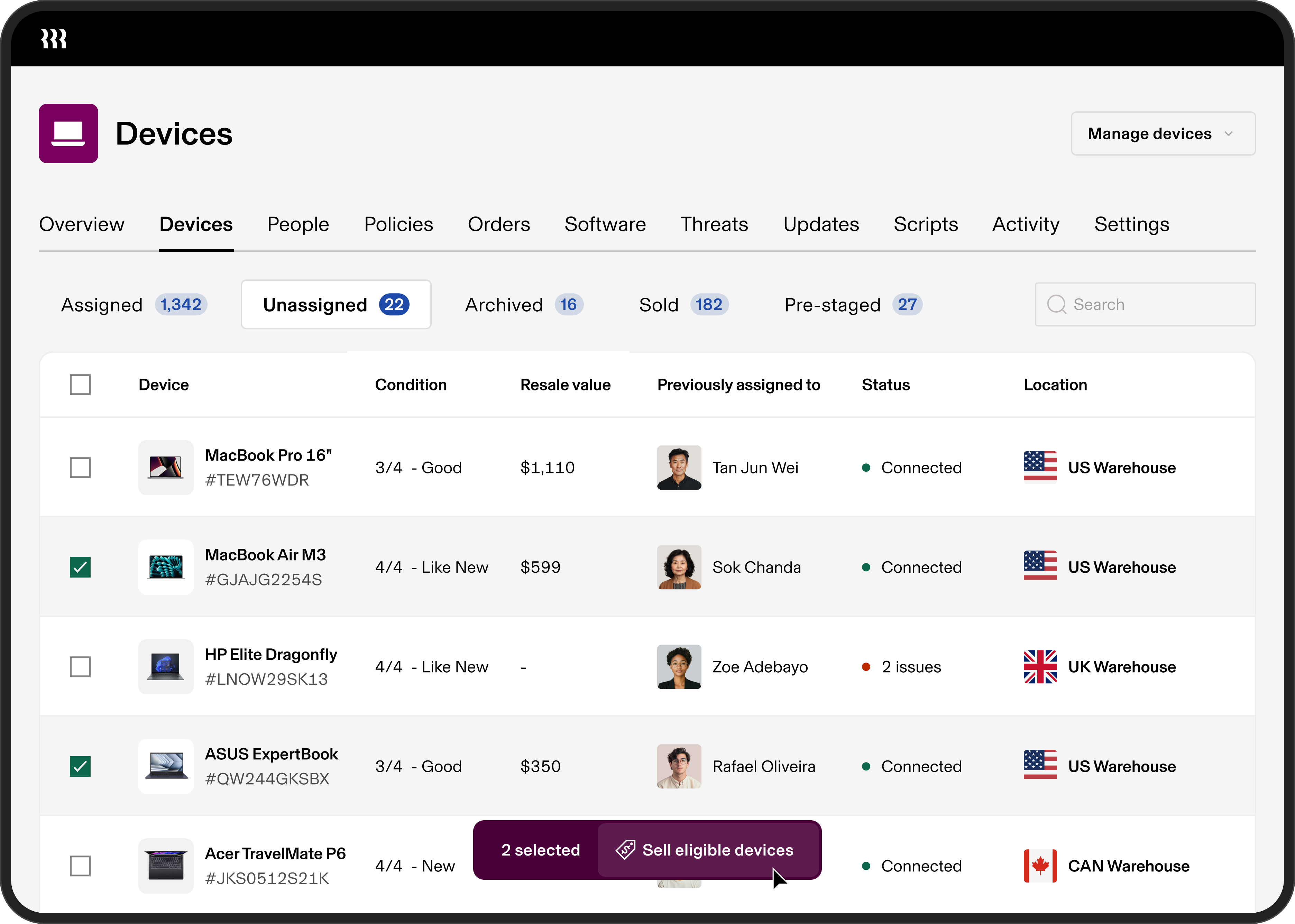 Preview of the Devices overview in the Rippling platform.