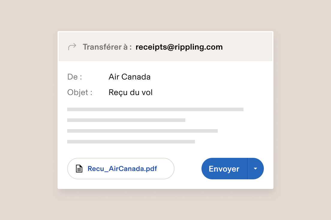 Interface de messagerie électronique montrant le reçu du vol Delta Airlines transféré à receipts@rippling.com avec un fichier PDF joint.