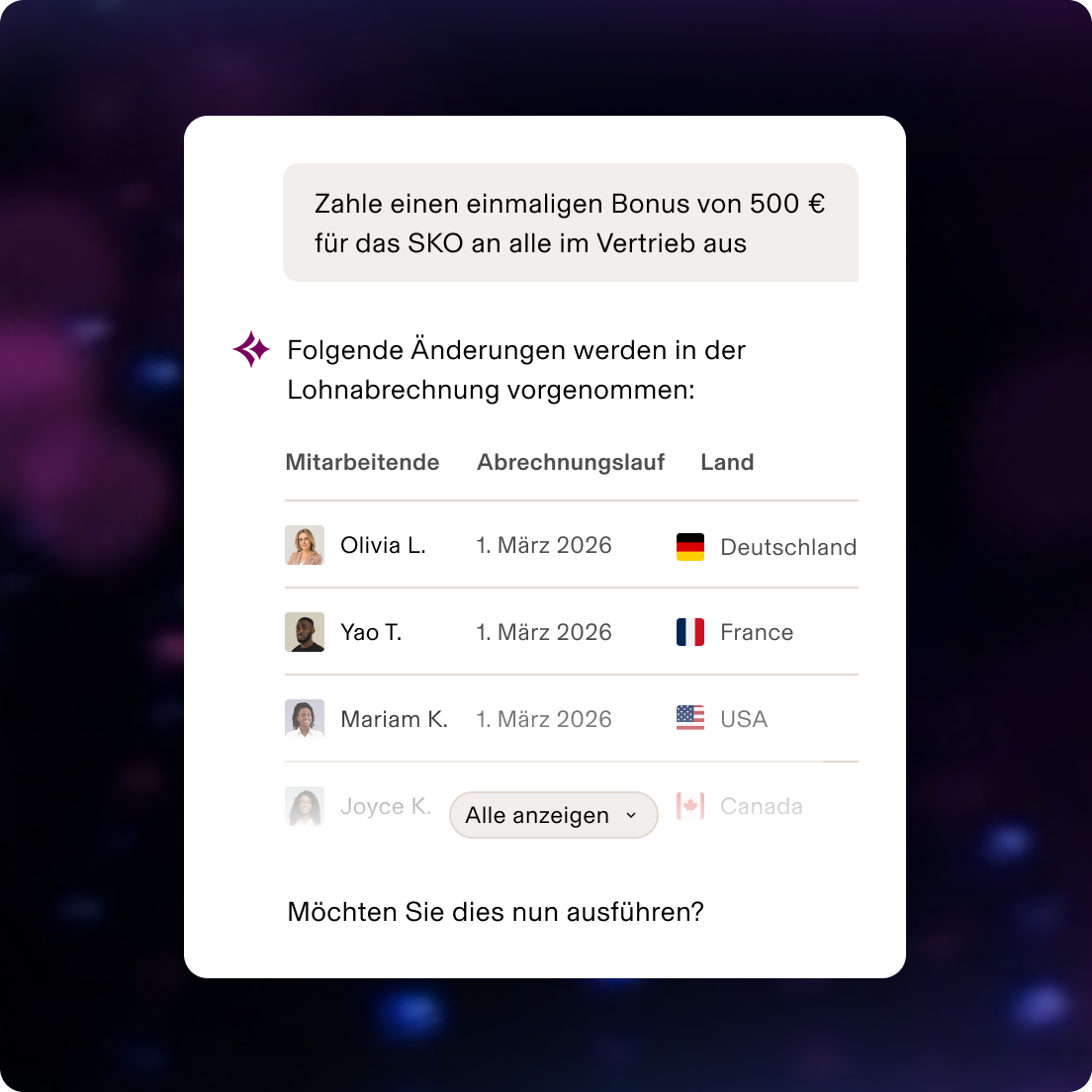 Lohnabrechnungsansicht mit Genehmigung eines 500-€-Bonus für das Vertriebsteam – Mitarbeitende aus Deutschland, Frankreich, USA und Kanada (1.–15. März)