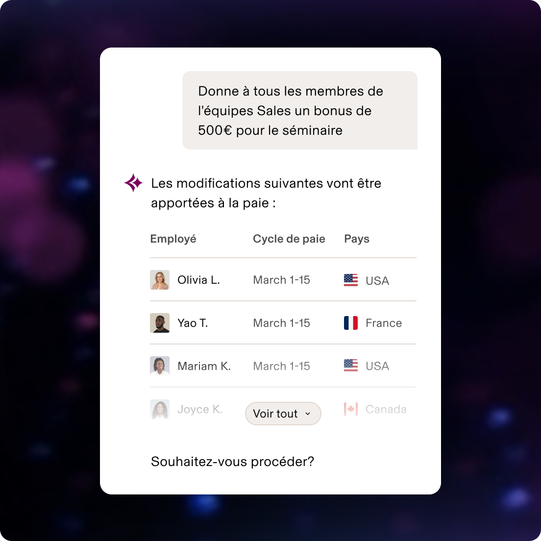 Interface de paie affichant l'approbation d'une prime de 500 $ pour l'équipe commerciale, avec une liste d'employés aux États-Unis, en France et au Canada pour la période du 1er au 15 mars