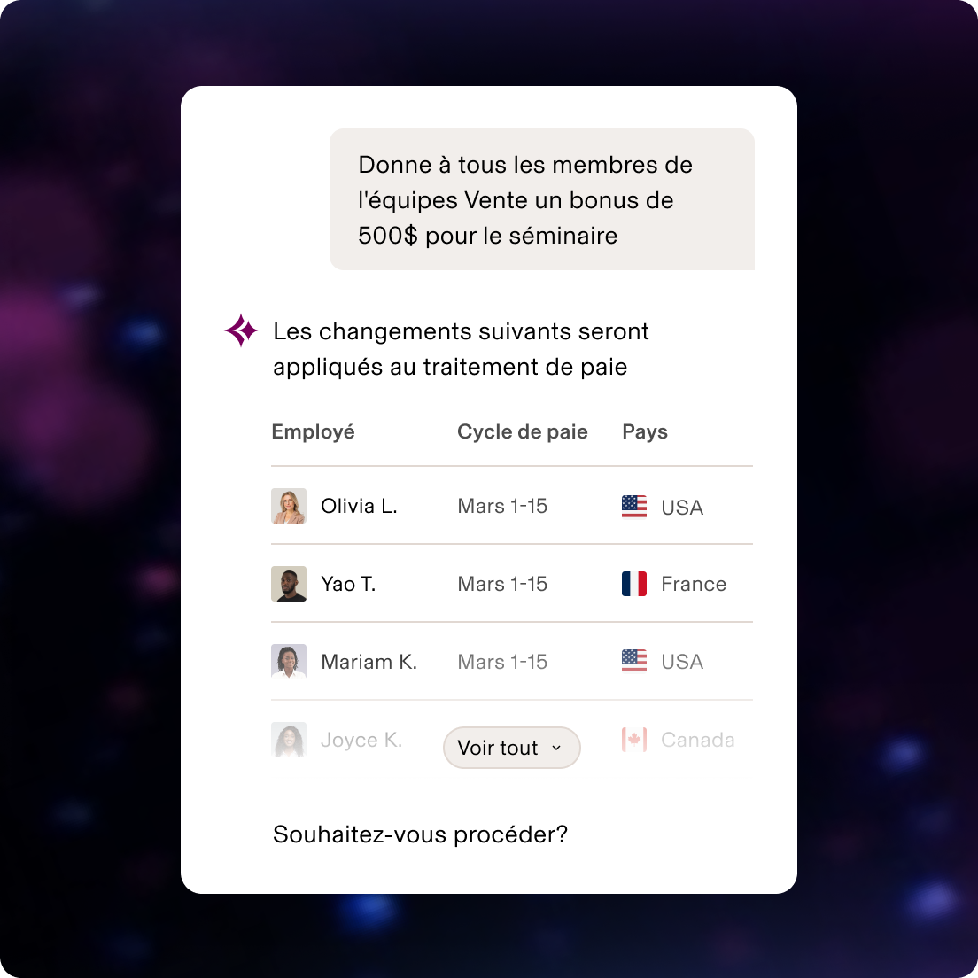 Interface de paie affichant l'approbation d'une prime de 500 $ pour l'équipe commerciale, avec une liste d'employés aux États-Unis, en France et au Canada pour la période du 1er au 15 mars