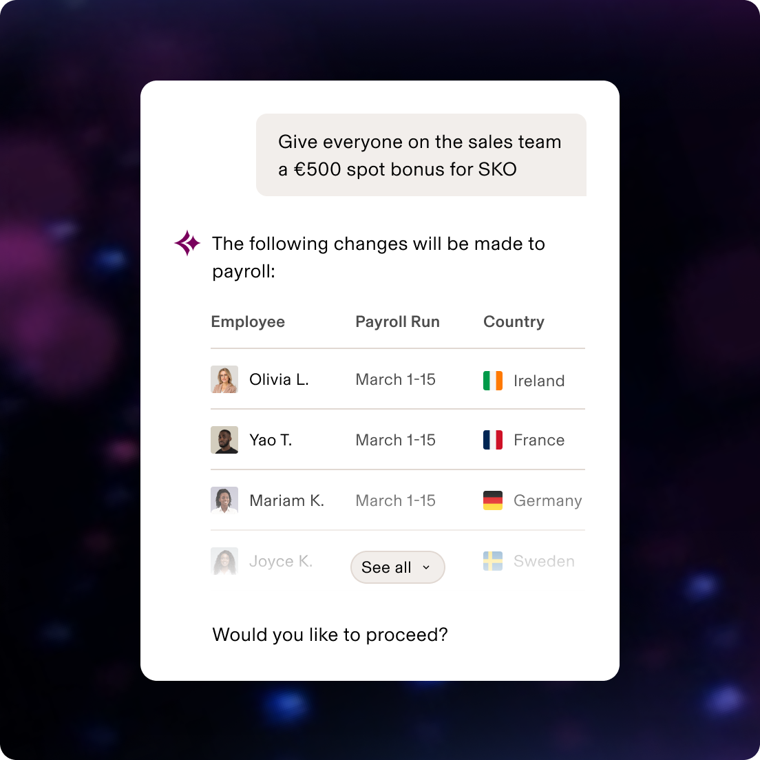 Payroll interface showing $500 bonus approval for sales team with employee list from USA, France, and Canada for March 1-15 period